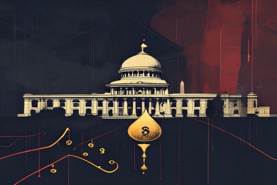 Editorial graphic showing macro pressure on the Indian rupee and RBI currency defense amid dollar and oil strength