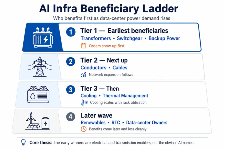 AI infra beneficiary ladder showing earliest to later beneficiaries in the data-centre buildout