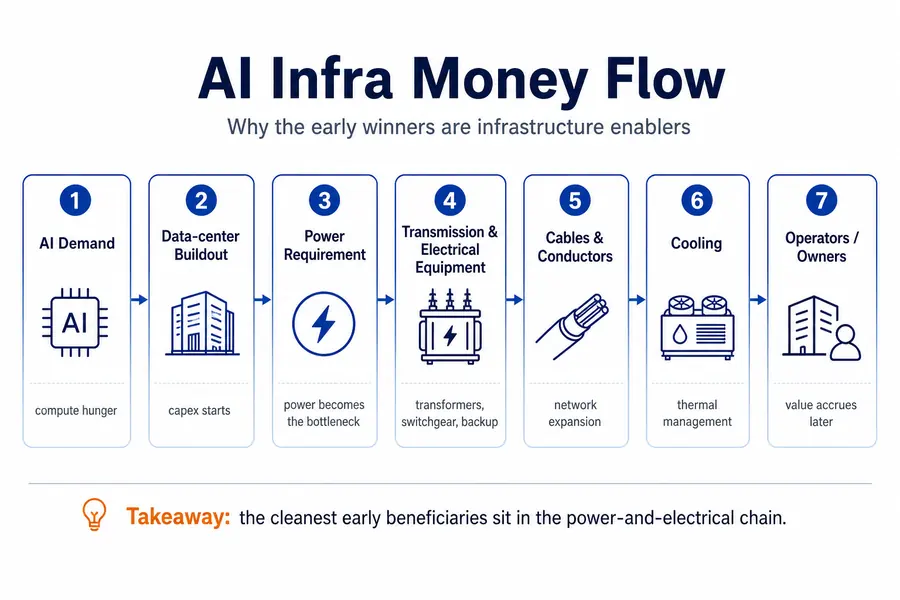 AI infra money flow diagram showing why early winners sit in the power and electrical chain